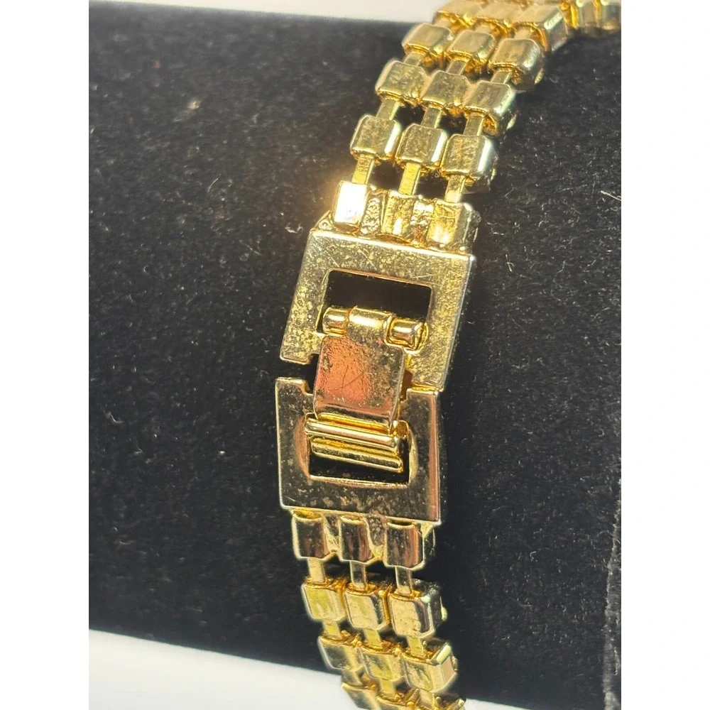 Vintage Gold Tone Bracelet Clear Rhinestone‎ Triple Row Elegant Jewelry